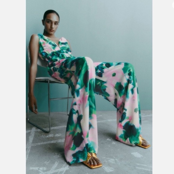 🦚 ZARA BOHO GREEN PINK MULTI FLORAL WIDE LEG JUMPSUIT! - Picture 16 of 16